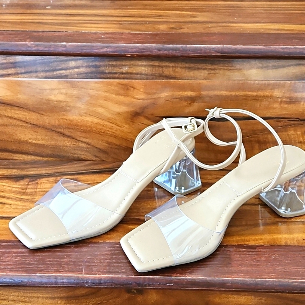 crown & ivy Beige Clear Strap Block Heel Sandals